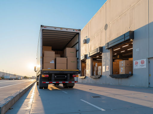 大型电动卡车，绿色车身，流线型设计，货箱开放，工厂门口停放，工业环境背景