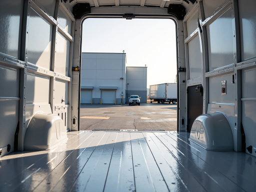 中型电动卡车，蓝色车身，驾驶室宽敞，货箱封闭，停车场停放，晴天拍摄