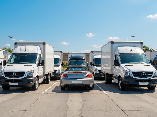 电动卡车车队整齐排列在停车场，多种颜色车型，蓝天白云背景，整齐划一的停车效果